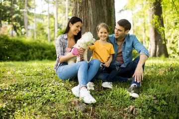 Happy family with cute bichon dog in the park