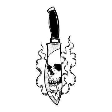 skull smoke reflection in the knife. vector illustration tattoo design. line art black ink work. dot artwork.