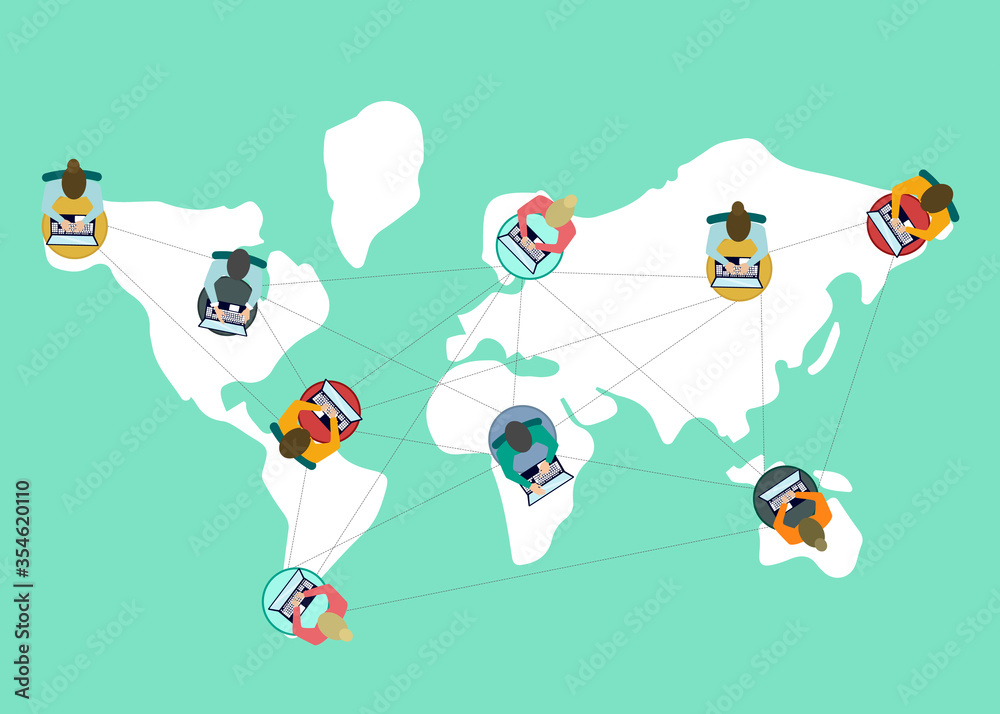 Poster global online community talking through laptops and world map on color background, vector illustrati