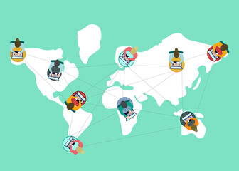 Global online community talking through laptops and world map on color background, vector illustration in flat style