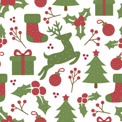 Seamless Pattern with Christmas Ornament with Reindeer Animal, Vector illustration for Happy New Year and Merry Christmas Background Wallpaper