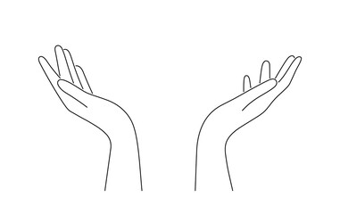 Hand drawn outline cupped hands illustration. Raised hands vector concept. Volunteering charity, votes, support, hope and peace. Vector human open hands isolated on white background