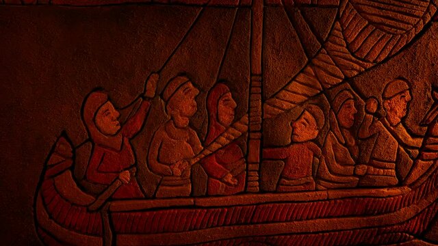 Men On Boat Explorers Middle Ages Art In Fire Light