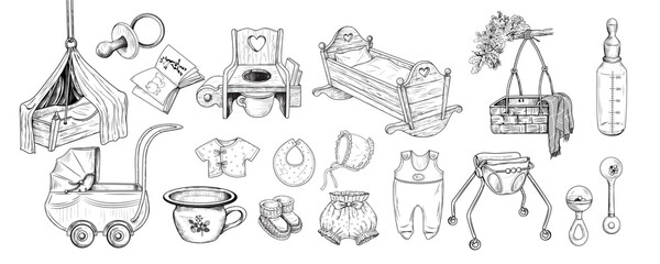 .Vintage baby accessories. Retro collection. Ink drawings of various objects on a white background. Engraved vector sketches.