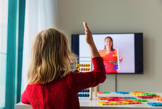 Little Girl Learning At Home, Kid Doing Online Math Lesson