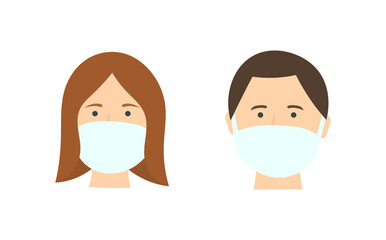 Fototapeta premium Man and woman in face masks, flat design icons. Coronavirus pandemic.