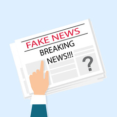 Hand pointing at newspaper with fake breaking news on blue background, vector illustration in flat style