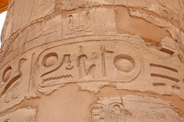 Hieroglyphic carvings on an ancient egyptian temple wall