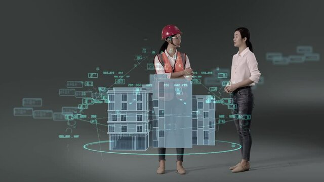 one Asian woman acting 2 roles as engineer & designer discussing before BIM model in virtual world