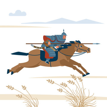 Mongol Rider. Medieval Battle Historical Illustration. Vector Flat Isolated Illustration