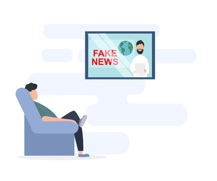 Man watching fake news on TV at home, white background. Flat vector illustration