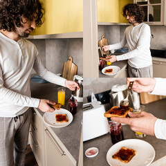 Collage of handsome curly man pouring jam on toast in kitchen