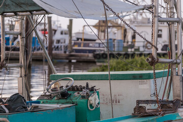 Fototapeta na wymiar Interior of shrimp fishing boat docked on shore in southern bayou of Louisiana