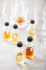 tasting whisky bottles and glasses or spirit brandy cognac. tasting at home