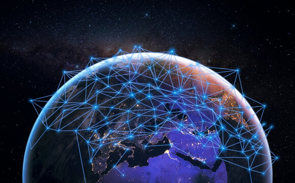 Global network over blue planet earth in space. Concept of worldwide wireless exchange of information and digital connection.