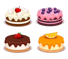 Vector cute different type of cake, chocolate, blueberry, orange, custard cake, with strawberry, blueberry, orange and cherry topping isolated on white back ground