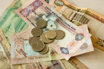 United Arab Emirates money background, with banknotes and coins, full set