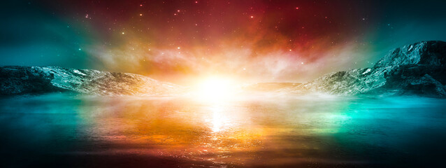 Modern futuristic fantasy night landscape with abstract islands and night sky with space galaxies. Multicolor neon glow. Reflection of light in water, stars. Empty scene, landscape. © MiaStendal