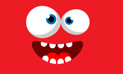 Cartoon monster face,red color.Vector illustration isolated on white background.