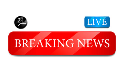 Breaking news icon buttons on isolated white background, realistic clock and live icon buttons with glare, vector illustration