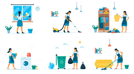 Vector flat set of woman making different housework