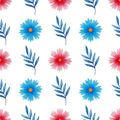 Seamless watercolor pattern with spring flowers and a branch on a white background.