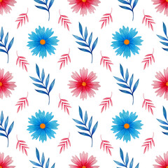 Seamless watercolor pattern with spring flowers and a branch on a white background.