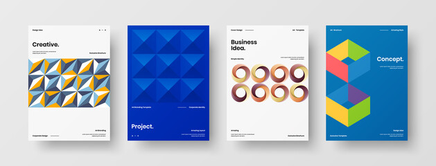 Fototapeta premium Company identity brochure template collection. Business presentation vector A4 vertical orientation front page mock up set. Corporate report cover abstract geometric illustration design layout bundle.