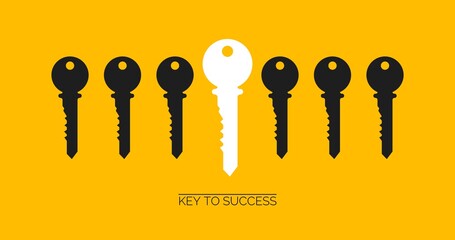 Success and uniqueness. White key standing out among others on yellow background, creative vector illustration