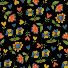 Seamless watercolor pattern with flowers in folk style on a black background.