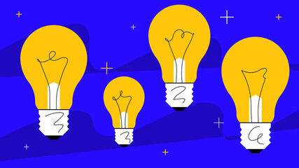 Light bulbs on a blue background. Concept of generating ideas, teamwork, thinking and solving problems. Light bulb as a symbol of the idea. Stylish modern illustration for a blog, banner.