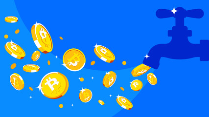 Bitcoin faucet. Сryptocurrency coins fall out of the water tap.