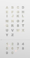 Polygon capital letters and numbers on grey background, vector illustration