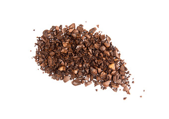 Pile of coffee bean craked crushed isolated on white background top view