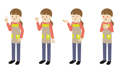 Illustration set of 4 poses of female nursery teacher character standing