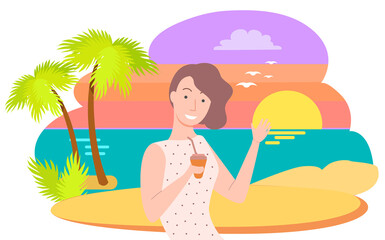 Obraz na płótnie Canvas Pretty brunette woman with beverage and straw in hand drinking and smiling. Island with palms and sunset on background vector illustration flat style