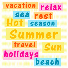 Summer word tags. Light yellow I love summer newspaper background.