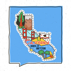 Vintage adventure California badge illustration design. Outdoor US state emblem with Cali attractions and text - California Does It Better. Unusual american hipster style sticker. Stock vector