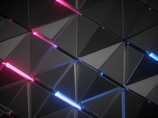 3d render, abstract black metallic faceted background, pink blue glowing neon light, triangular tiles, modern geometric texture, cyber network concept, grid