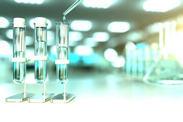potable water quality test for viruses (like covid-2019) concept - lab test tubes in modern chemistry research facility, medical 3D illustration