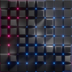 3d render, abstract faceted black background, red blue glowing neon light, square tiles, modern geometric texture, cyber network concept, grid