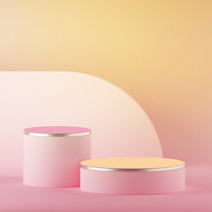 3d render, abstract yellow pink pastel easter background, blank cylinder podium, empty showcase, round stage, vacant pedestal, product display, blank board, expo platform. Copy space. Minimal design