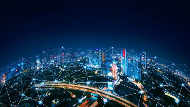 Rounded abstract cityscape network connection, internet and global connection concept. - Powered by Adobe