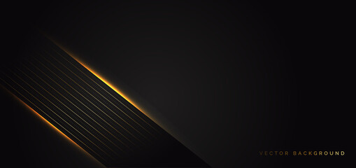 Abstract template stripes golden lines diagonal overlap with light effect with copy space for text on black background. Luxury style.