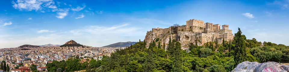 Panoramic view of the Acropolis and the Lycabettus Hill from the Areopagus hill, Athens, Greece.