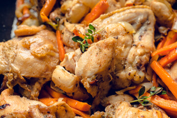 Roasted chicken on the pan with carrot, onion, gralic and other spices. Selective focus. Shallow depth of field. 