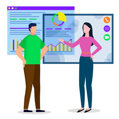 Teamwork cooperation for online learning with chart report. Male and female workers discussing near webpage icon with diagram symbol. People educating and brainstorming graph presentation vector