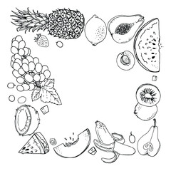 Flying exotic fruits on a white background. A sketch of food. Coconut, Physalis, mangosteen, pineapple, banana, jackfruit
