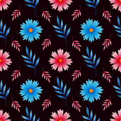 Seamless watercolor pattern with spring flowers hand-drawn on a black background.