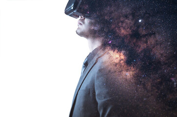 The double exposure image of the businessman thinking overlay with milky way galaxy image. the concept of imagination, technology, future and inspiration.